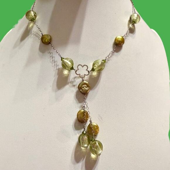 Sterling Silver Glass Mother of Pearl Lariat Chain Necklace - Picture 4 of 9